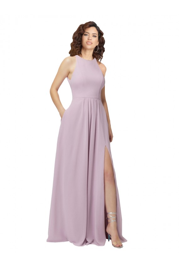 Soft Chiffon Halter Neck Sleeveless Keyhole Back Pink Glow Long Bridesmaid Dress Essex