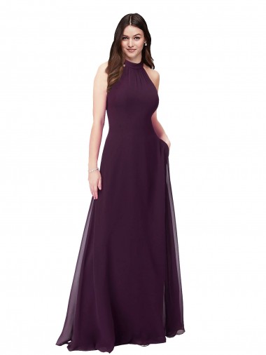 Soft Chiffon Halter Neck Sleeveless Keyhole Back Grape Long Bridesmaid Dress Essex