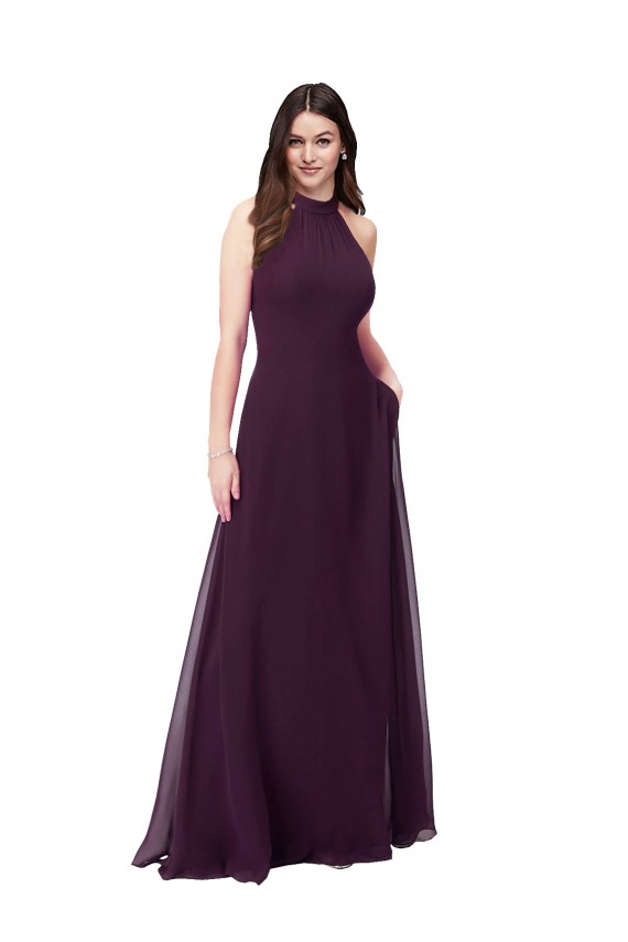 Soft Chiffon Halter Neck Sleeveless Keyhole Back Grape Long Bridesmaid Dress Essex