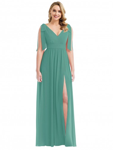 Soft Chiffon V-Neck Sleeveless V-Back Icelandic Silver Long Semi Formal Evening Dress / Bridesmaid Dress Essex