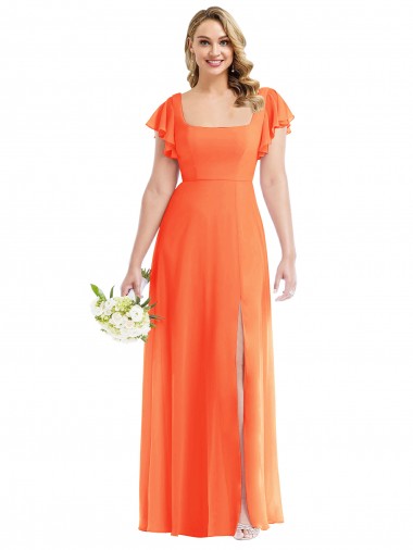 Soft Chiffon Square Neck Flutter Sleeves Open Back Long Semi Formal Evening Dress / Bridesmaid Dress Essex