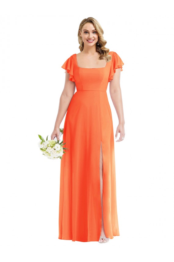 Soft Chiffon Square Neck Flutter Sleeves Open Back Long Semi Formal Evening Dress / Bridesmaid Dress Essex