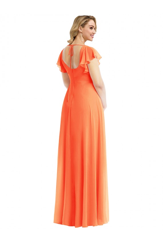 Soft Chiffon Square Neck Flutter Sleeves Open Back Long Semi Formal Evening Dress / Bridesmaid Dress Essex