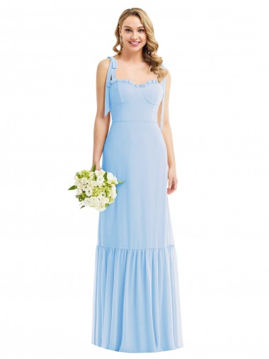 Soft Chiffon Spaghetti Straps Sleeveless Light Sky Blue Long Semi Formal Evening Dress / Bridesmaid Dress Essex