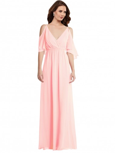 Soft Chiffon V-Neck Cold Shoulder V-Back Long Semi Formal Evening Dress / Bridesmaid Dress Essex
