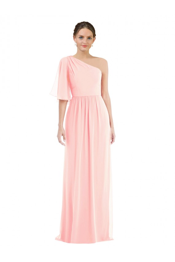 Soft Chiffon One Shoulder Bell Sleeves Long Semi Formal Evening Dress / Bridesmaid Dress Essex