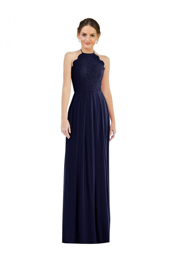 Soft Chiffon Halter Neck Sleeveless Open Back Dark Navy Long Semi Formal Evening Dress / Bridesmaid Dress Essex