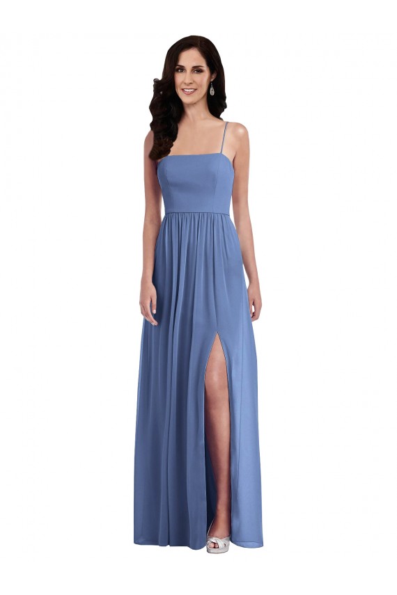 Soft Chiffon Spaghetti Straps Sleeveless Low Back Windsor Blue Long Semi Formal Evening Dress / Bridesmaid Dress Essex