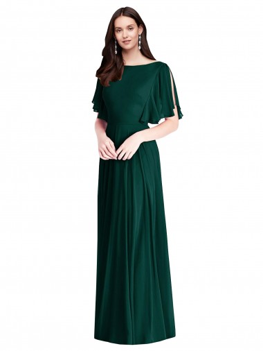 Soft Chiffon Bateau Neck Bell Sleeves V-Back Long Semi Formal Evening Dress / Bridesmaid Dress Essex