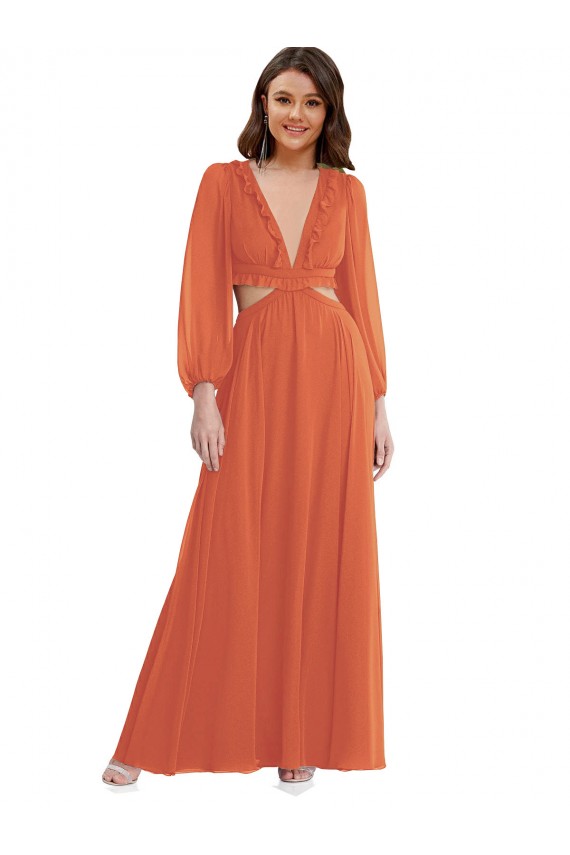 Soft Chiffon V-Neck Long Sleeves Open Back Long High Low Evening Gown / Bridesmaid Dress Essex