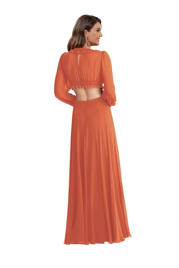 Soft Chiffon V-Neck Long Sleeves Open Back Long High Low Evening Gown / Bridesmaid Dress Essex