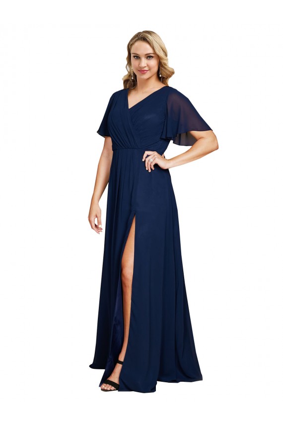 Soft Chiffon V-Neck Short Flutter Sleeves Long Formal Plus Size Evening Gown / Prom Dress / Bridesmaid Dress Essex