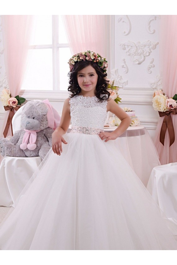 Tulle & Lace Bateau Neck Sleeveless V-Back Chapel Train Flower Girl Dress Essex