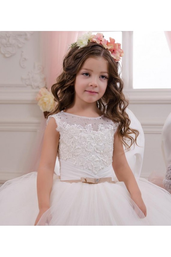 Tulle & Lace Bateau Neck Sleeveless Chapel Train Flower Girl Wedding Dress Essex
