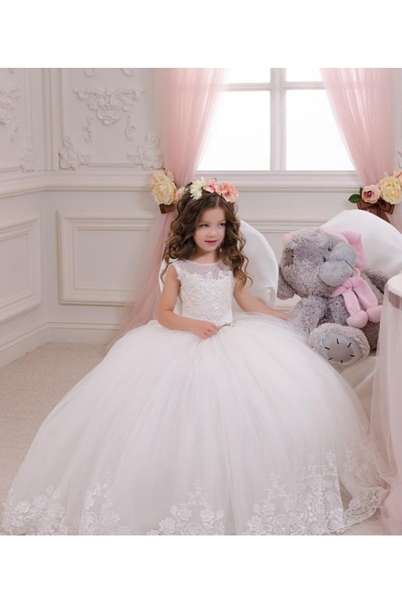 Tulle & Lace Bateau Neck Sleeveless Chapel Train Flower Girl Wedding Dress Essex