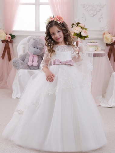 Tulle & Lace Bateau Neck Sleeveless Chapel Train Flower Girl Dress Essex
