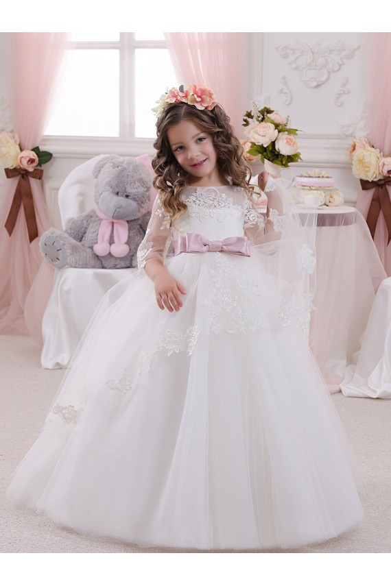 Tulle & Lace Bateau Neck Sleeveless Chapel Train Flower Girl Dress Essex