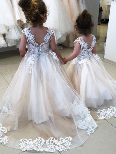 Tulle & Lace Bateau Neck Sleeveless V-Back Chapel Train Little Flower Girl Dress Essex