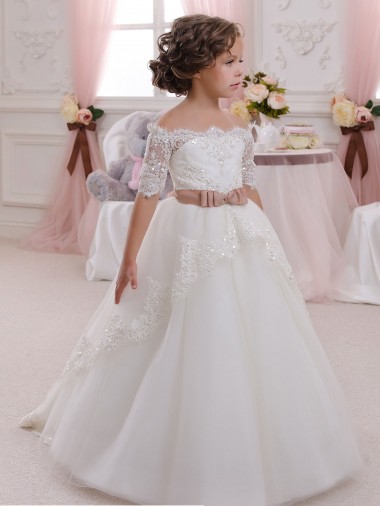 Tulle & Lace High Neck Short Sleeves Keyhole Back Long Flower Girl Dresses Essex