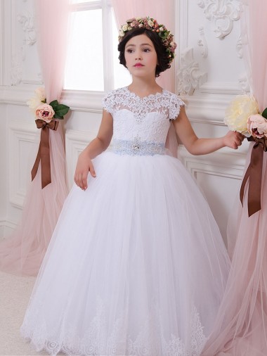Tulle & Lace Sweetheart Cap Sleeves Chapel Train Flower Girl Dresses Essex