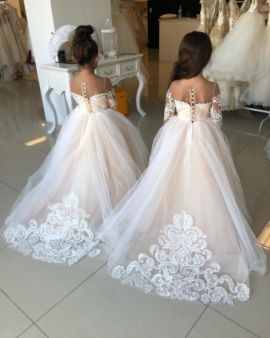 Tulle & Lace Sweetheart Long Sleeves Chapel Train Little Flower Girl Dress Essex