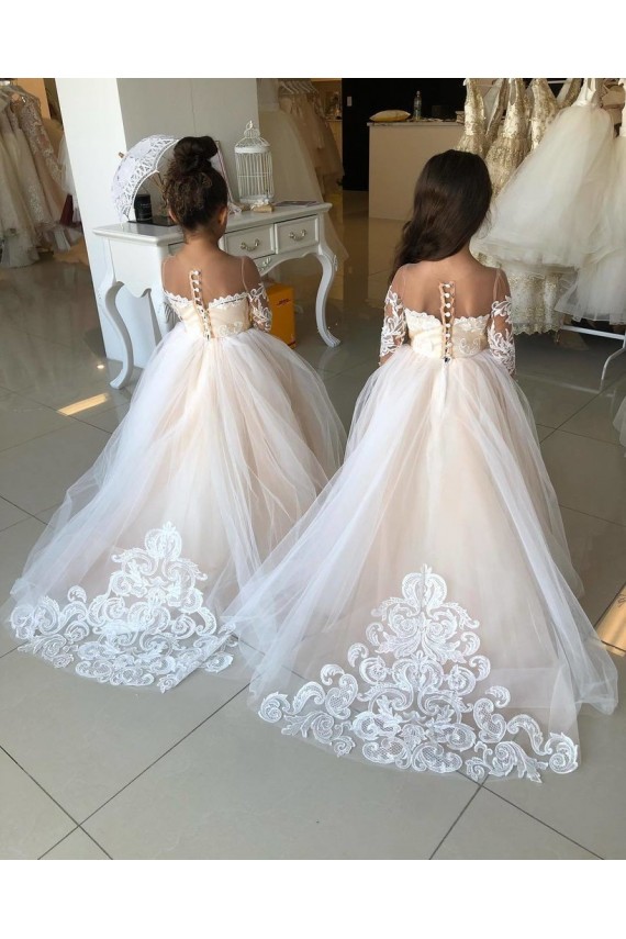 Tulle & Lace Sweetheart Long Sleeves Chapel Train Little Flower Girl Dress Essex