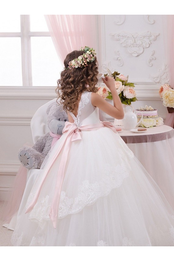 Tulle & Lace Sweetheart Sleeveless V-Back Chapel Train Flower Girl Dress for Wedding Essex