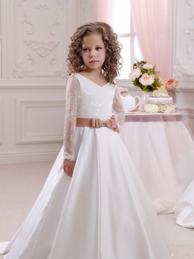 Satin & Lace V-Neck Long Sleeves Chapel Train Flower Girl Dress Essex