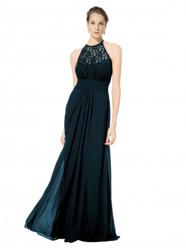 Soft Chiffon & Lace Halter Neck Sleeveless Keyhole Back Long Formal Dress / Bridesmaid Dress Essex