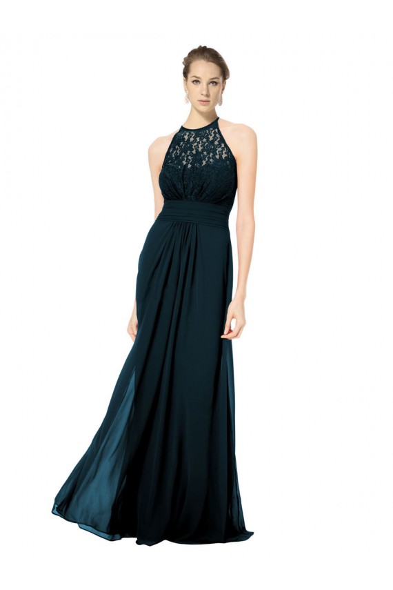 Soft Chiffon & Lace Halter Neck Sleeveless Keyhole Back Long Formal Dress / Bridesmaid Dress Essex