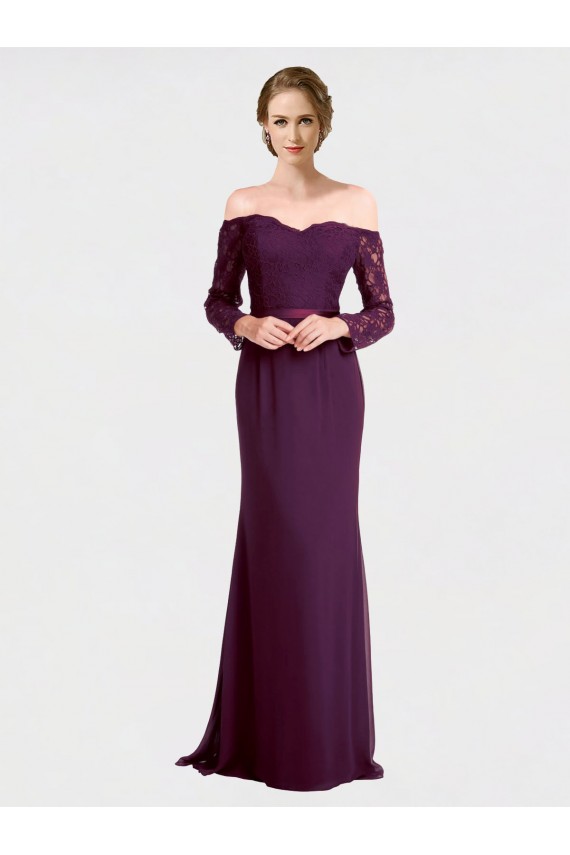 Soft Chiffon & Lace Off the Shoulder Long Sleeves Low Back Long Bridesmaid Dress Essex