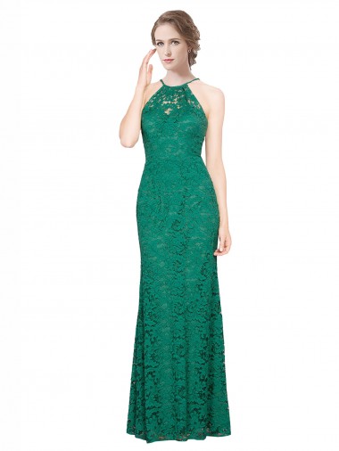 Lace Halter Neck Sleeveless Low Back Long Prom Dress / Bridesmaid Dress Essex