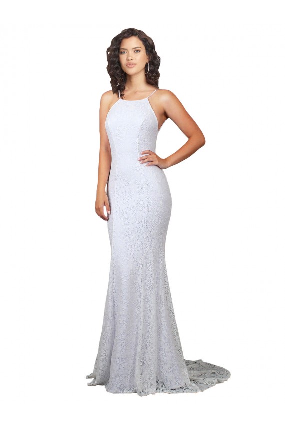 Lace High Neck Sleeveless Open Back White Sweep Train Wedding Dress Essex