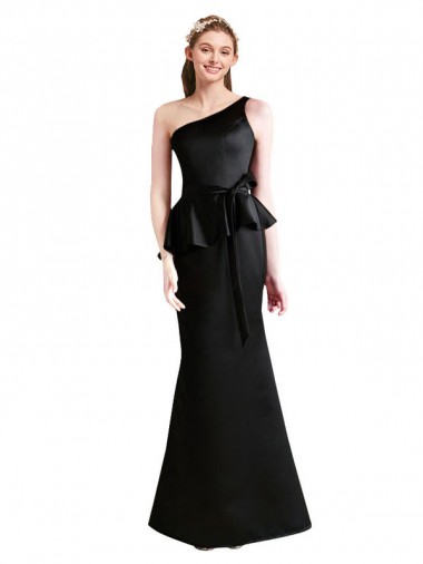 Satin One Shoulder Sleeveless Black Long Bridesmaid Dress Essex