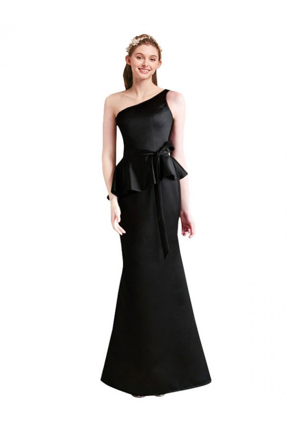 Satin One Shoulder Sleeveless Black Long Bridesmaid Dress Essex