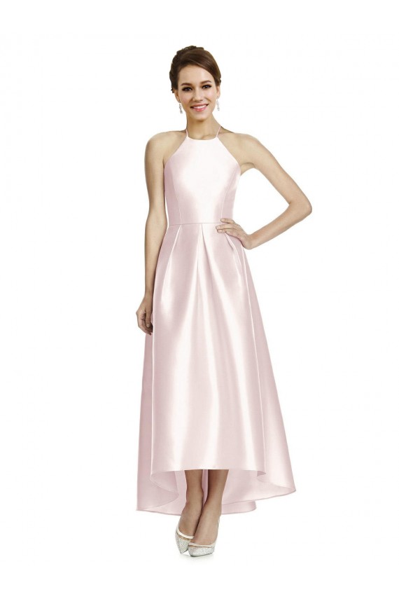 Satin Spaghetti Straps Sleeveless Open Back Long High Low Bridesmaid Dress Essex