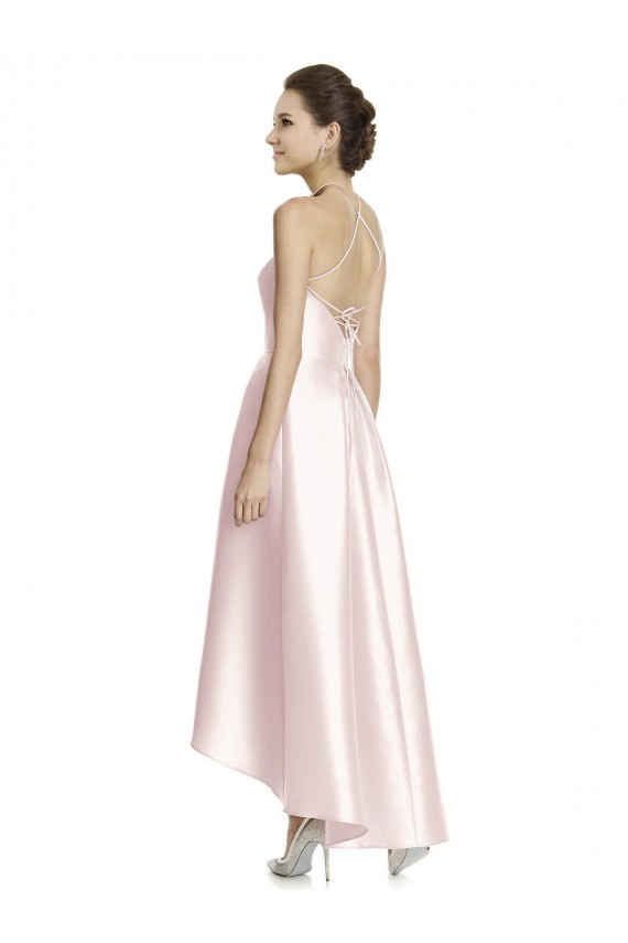 Satin Spaghetti Straps Sleeveless Open Back Long High Low Bridesmaid Dress Essex