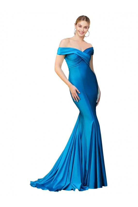 Satin Off the Shoulder Sleeveless Peacock Blue Long Formal Evening Gown / Prom Dress / Bridesmaid Dress Essex