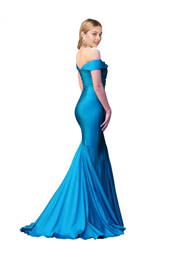 Satin Off the Shoulder Sleeveless Peacock Blue Long Formal Evening Gown / Prom Dress / Bridesmaid Dress Essex