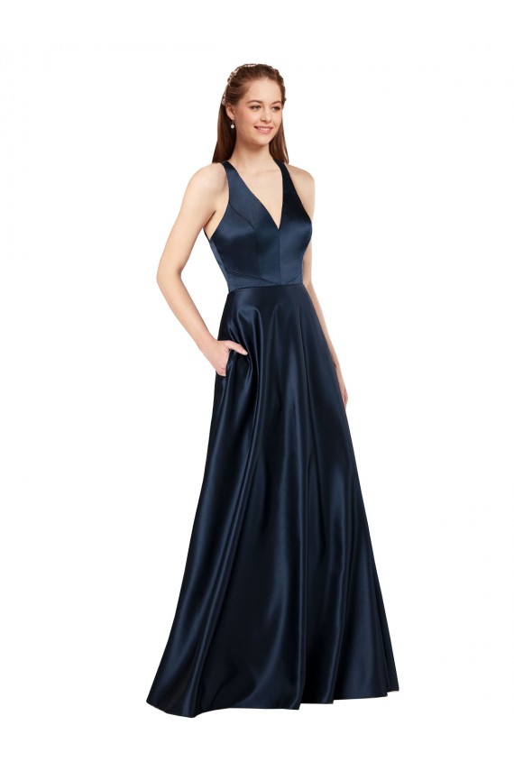 Satin V-Neck Sleeveless Keyhole Back Long Formal Evening Gown / Prom Dress / Bridesmaid Dress Essex