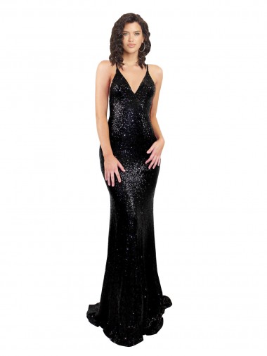 Sequin V-Neck Sleeveless Open Back Long Black Tie Evening Gown / Prom Dress / Bridesmaid Dress Essex
