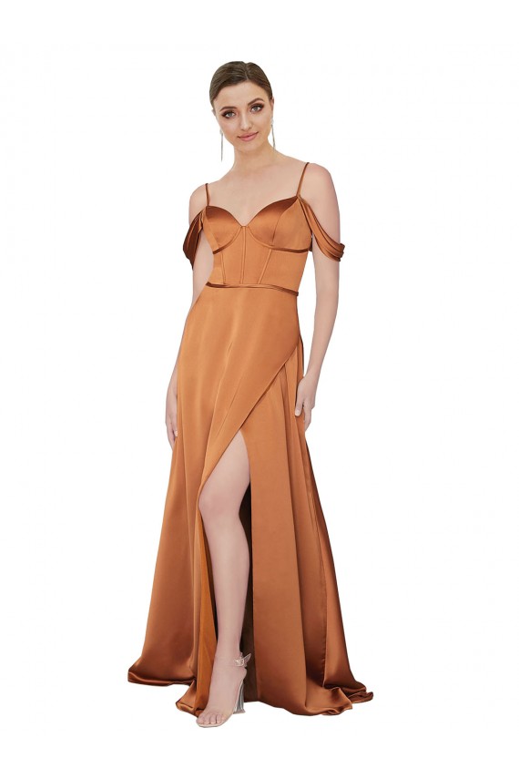 Silk like Satin Spaghetti Straps Cold Shoulder Low Back Long Formal Evening Gown / Prom Dress / Bridesmaid Dress Essex