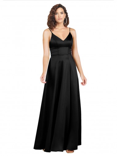 Silk like Satin V-Neck Sleeveless V-Back Black Long Formal Evening Gown / Prom Dress / Bridesmaid Dress Essex