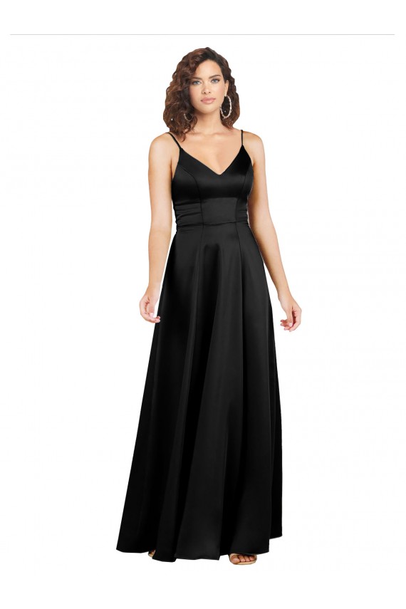 Silk like Satin V-Neck Sleeveless V-Back Black Long Formal Evening Gown / Prom Dress / Bridesmaid Dress Essex