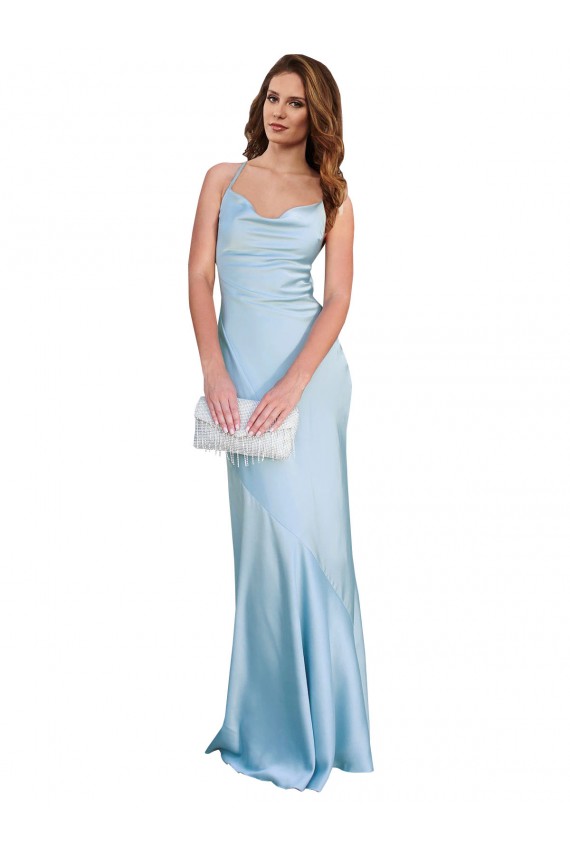Silk like Satin Cowl Neck Sleeveless Open Back Light Sky Blue Long Formal Evening Gown / Prom Dress / Bridesmaid Dress Essex
