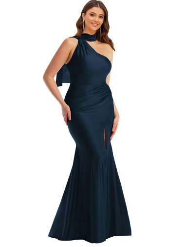 Silk like Satin One Shoulder Sleeveless Dark Navy Long Formal Plus Size Evening Gown / Prom Dress / Bridesmaid Dress Essex