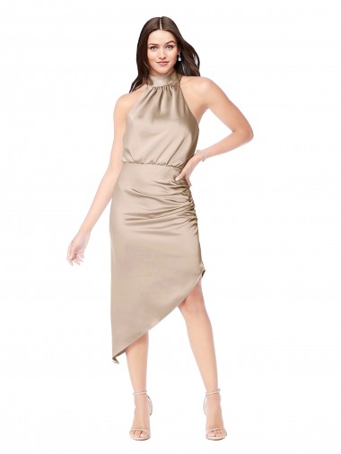 Silk like Satin Halter Neck Sleeveless Midi Length High Low Prom Dress / Bridesmaid Dress Essex