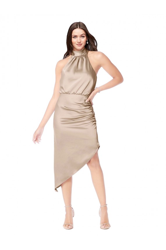 Silk like Satin Halter Neck Sleeveless Midi Length High Low Prom Dress / Bridesmaid Dress Essex