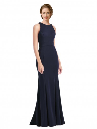 Stretch Crepe Scoop Neck Sleeveless Keyhole Back Long Black Tie Prom Dress / Bridesmaid Dress Essex