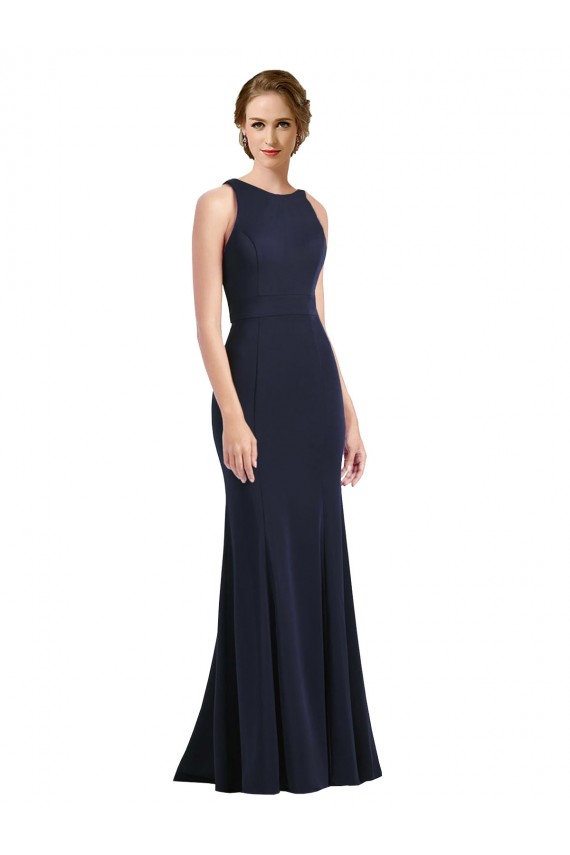 Stretch Crepe Scoop Neck Sleeveless Keyhole Back Long Black Tie Prom Dress / Bridesmaid Dress Essex